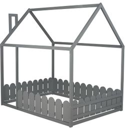 House Bed for Kids Wood Playhouse Bed Frame with Fence for Living Room Bedroom
