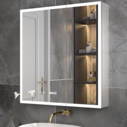 30"x32" LED Medicine Cabinet, Clock & Temp Display, Anti Fog, And Power Outlet