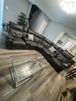 Large Gray Leather Reclining Sectional Sofa