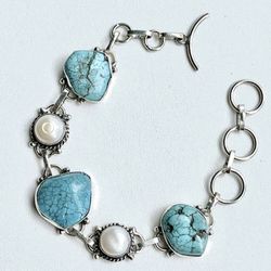 Turquoise Howlite & Natural Pearl Sterling Sliver Adjustable Bracelet-11951