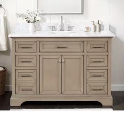 Windlowe 49 in. Single Sink Almond Taupe Bath Vanity with White Carrara Marble Top (Assembled)