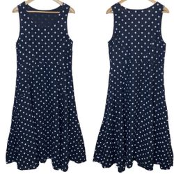 Women’s 100% Linen Navy Polka Dot Midi Dress Small