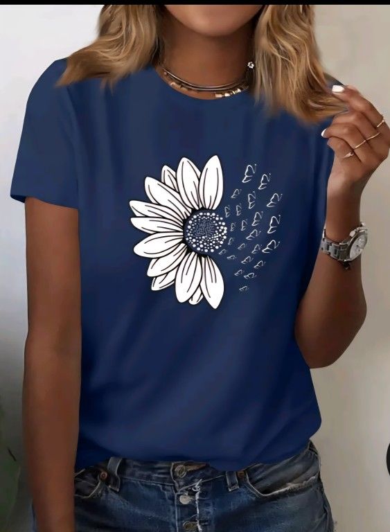 2X Women's Summer V-neck Sunflower Printed T-shirt Top Casual Short Sleeve Top Tees