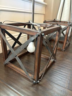 Set of 2 Large Wood & Metal Lantern Pendant Lights