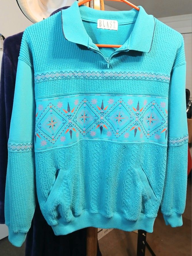 Vintage 1980's Retro BLAST Turquoise Floral Aztec 1/4 Zip Granny Sweatshirt w/ Pockets