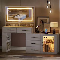 PAKASEPT Vanity Desk with Mirror and Lights, Corner Makeup Table with Charging Station, 3 Color Modes & Adjustable Brightness L Shape Change Dressing 