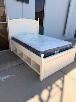 White Wood Full Bed Frame with Storage Cubbies