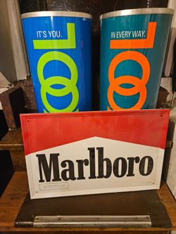 Vintage Marlboro metal sign and Vintage metal ashtray and garbage can, Bundle