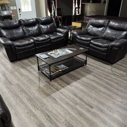 Power Reclining Sofa And Loveseat, Leather Set With Coffee Table And Two