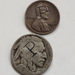 Buffalo Nickel , Wheat Cent Penny - Counterstamped Antique Coins