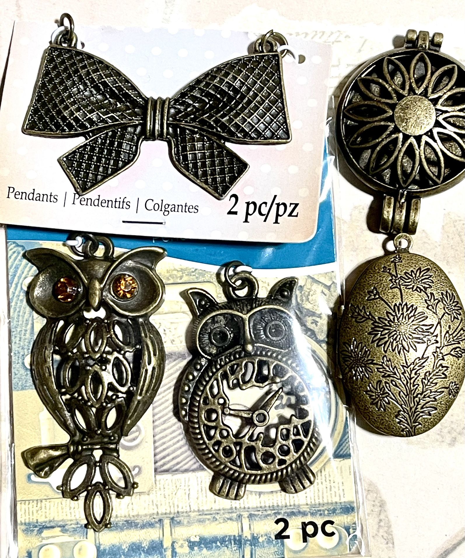 Bronze Assorted Pendants, Owl, Locket, Bow, 5pc