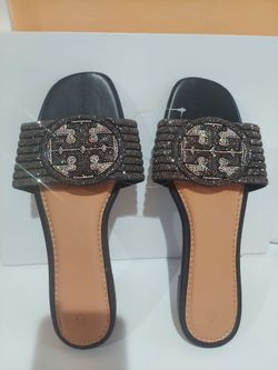 Rhinestone Embellished Flat Slide Sandals