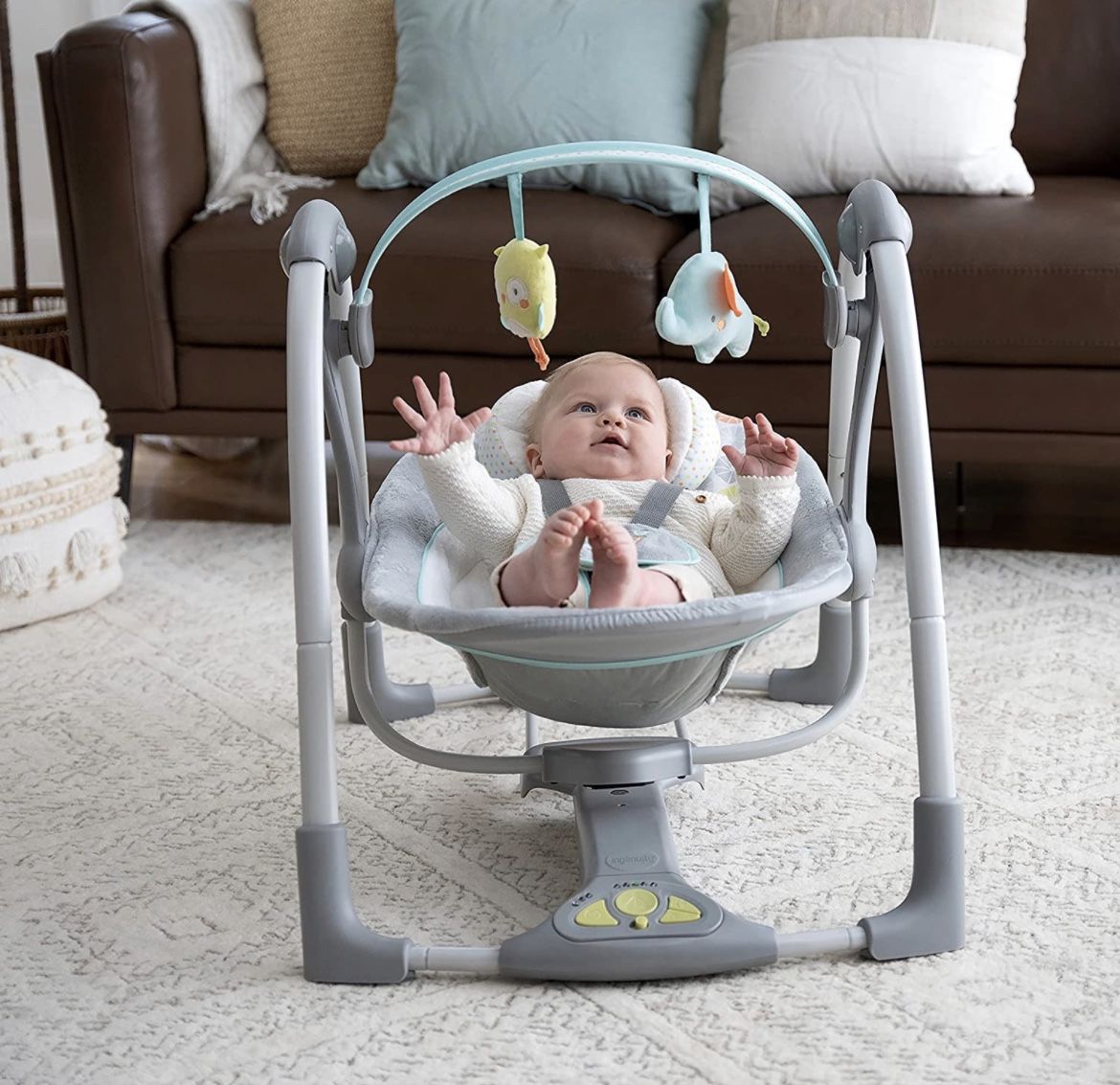 Ingenuity 5-Speed Portable Baby Swing with Music, Nature Sounds & Battery-Saving Technology - Hugs & Hoots, Swing 