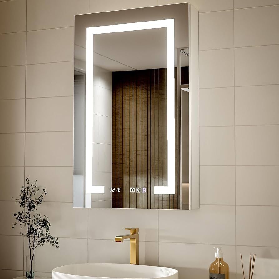 20" W×32" H LED Smart Medicine Cabinet, Bathroom Mirror Cabinet with Lights,Clock & Temperature Display, Dimmable LED Lighting, USB Charging, Defog, S