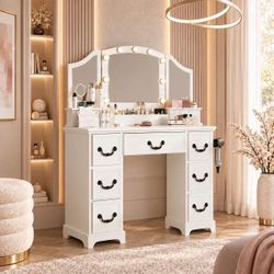White Farmhouse Makeup Vanity with Lights.