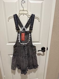 NWT SHEIN Bohemela Western Denim Overall Dress Lace Trim Acid Wash Gray S BOHO