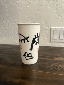 Starbucks White Ceramic Tumbler Abstract Face Design