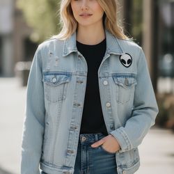 BRANDY MELVILLE Light Wash Denim Blue Jean Distressed Alien Jacket Sz Medium