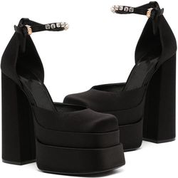 VIMISAOI Black Heels for Women Chunky Heels Square Toe Heels Ankle Strap Buckle Rhinestones Wedge Silk Satin High Platform Pumps 