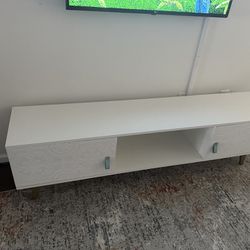 White Textured TV Console, With Leather Strap Pulls 