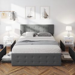 Queen Bed Frame with 4 Storage Drawers