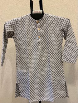 Gray & white geometric block-printed cotton ethnic kurta with Wooden Button for Boys/Kids