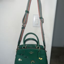 Coach Green Leather Dome Satchel with Striped Rainbow Strap