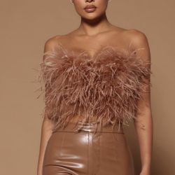 Fashion Nova Feather Trim Strapless Crop Top - Brown