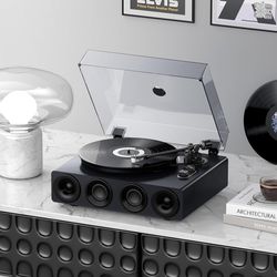 1 by ONE High Fidelity Record Player, All-in-One Turntable with Built in Speakers Phono Preamp, Dark Grey