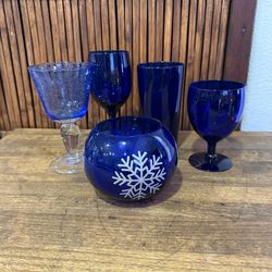 Cobalt Blue Glassware Bundle  • Assorted Glasses & Snowflake Candle Holder (Set of 5)