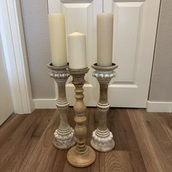 Wood Tall Candle Holders  And Candles 