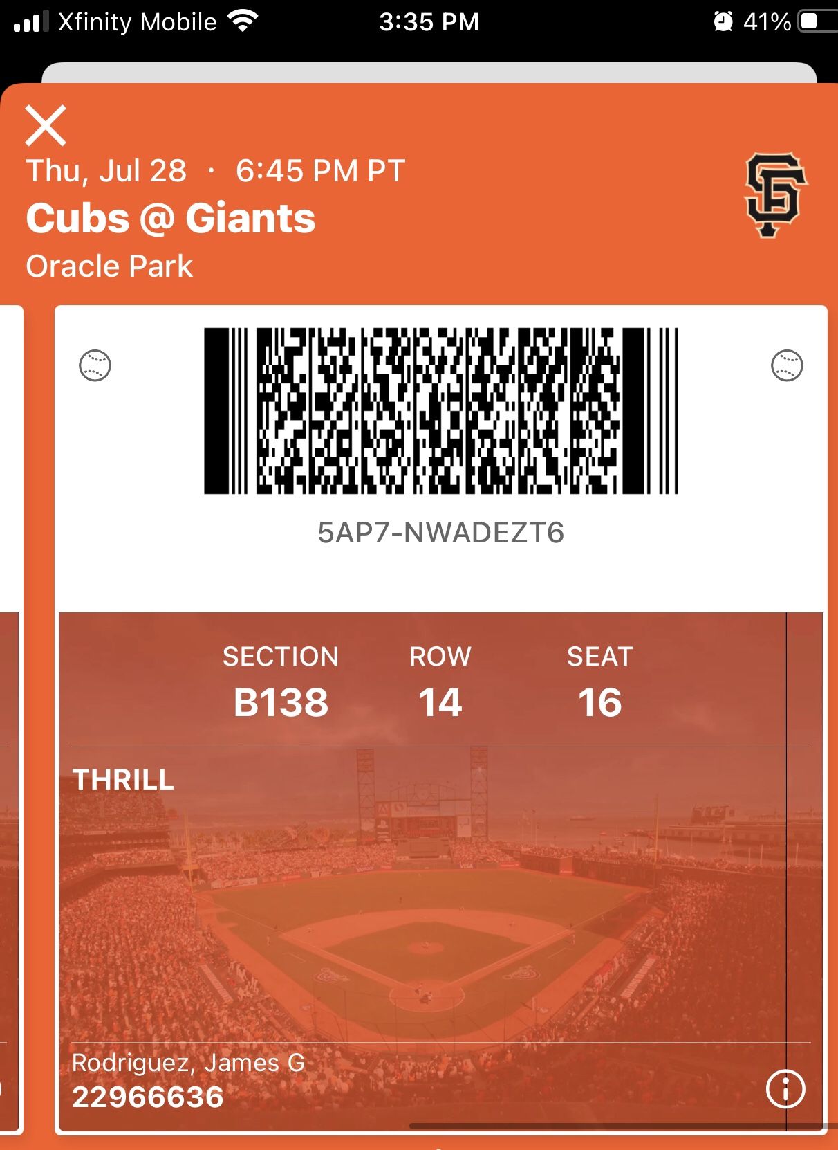 SF Giant Tickets For 7/28 vs Cubs Oracle Park