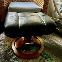 Rare Danish Inspired Black Leather Upholstered Bended Wood Reclining Ottoman Footrest Footstool