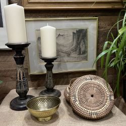 Boho Dark Wood Carved Candlesticks Pair Set of 2 Display Vintage Look Eclectic 