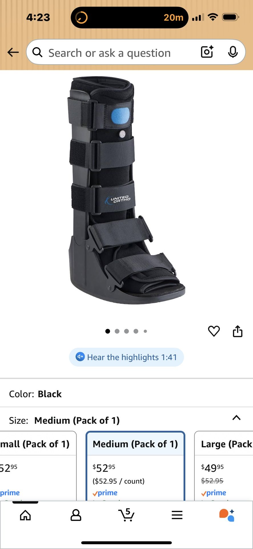 United Ortho Air Cam Walker Fracture Boot, Medium, Black