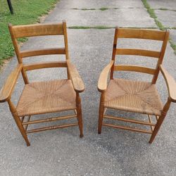 Pair Of Antique Oak Ladderback Rush Seat Armchairs