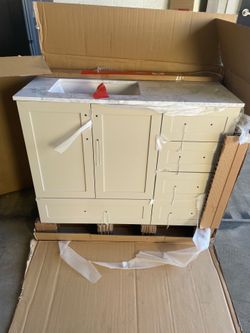 Glacier Bay Tobana 42 in. Single Sink Freestanding Beige Bath Vanity with White Engineered Marble Top (Assembled)