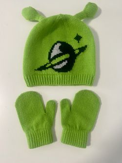 Kid’s Alien Costume Beanie & Mitten Set NWT Planet Green Sci-Fi Knit