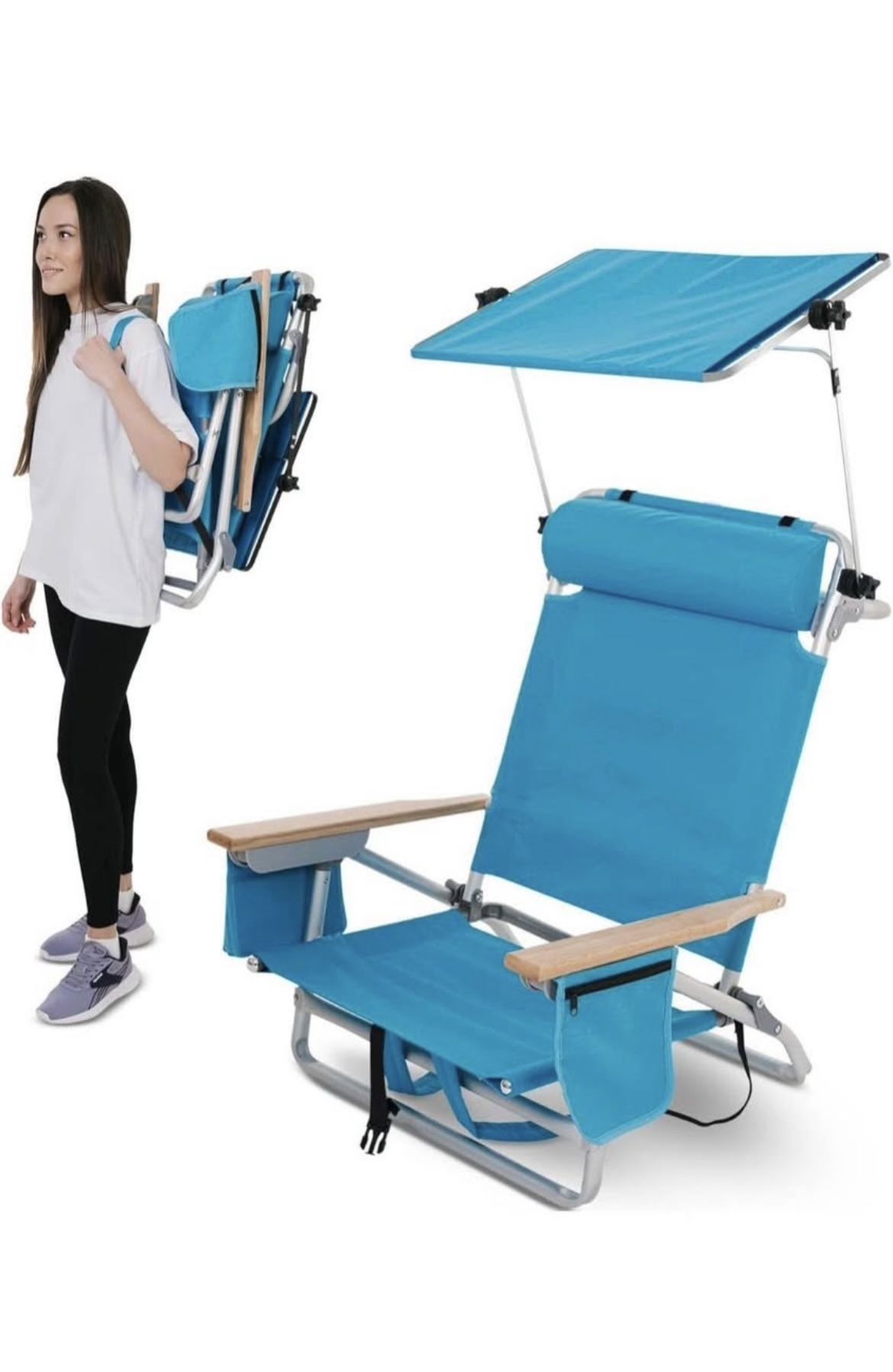 Adjustable Aluminum Folding Backpack Beach Chair with Headrest and Collapsible Sun Shade-Blue