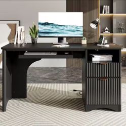 55 in. Black Office Desk with Power Outlets, 2-Storage Drawers and Keyboard Tray
