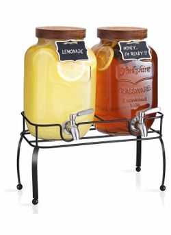 Mustry Glass Drink Dispenser with Stand & Acacia Lid, 1 Gallon, Set of 2 Lemonade & Sun Tea | Glass Beverage Dispenser for Parties and Gatherings | Re