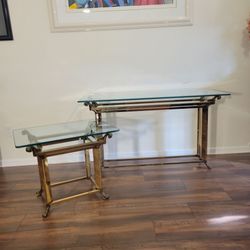 Vintage Glass & Brass Console Table And Matching End Table