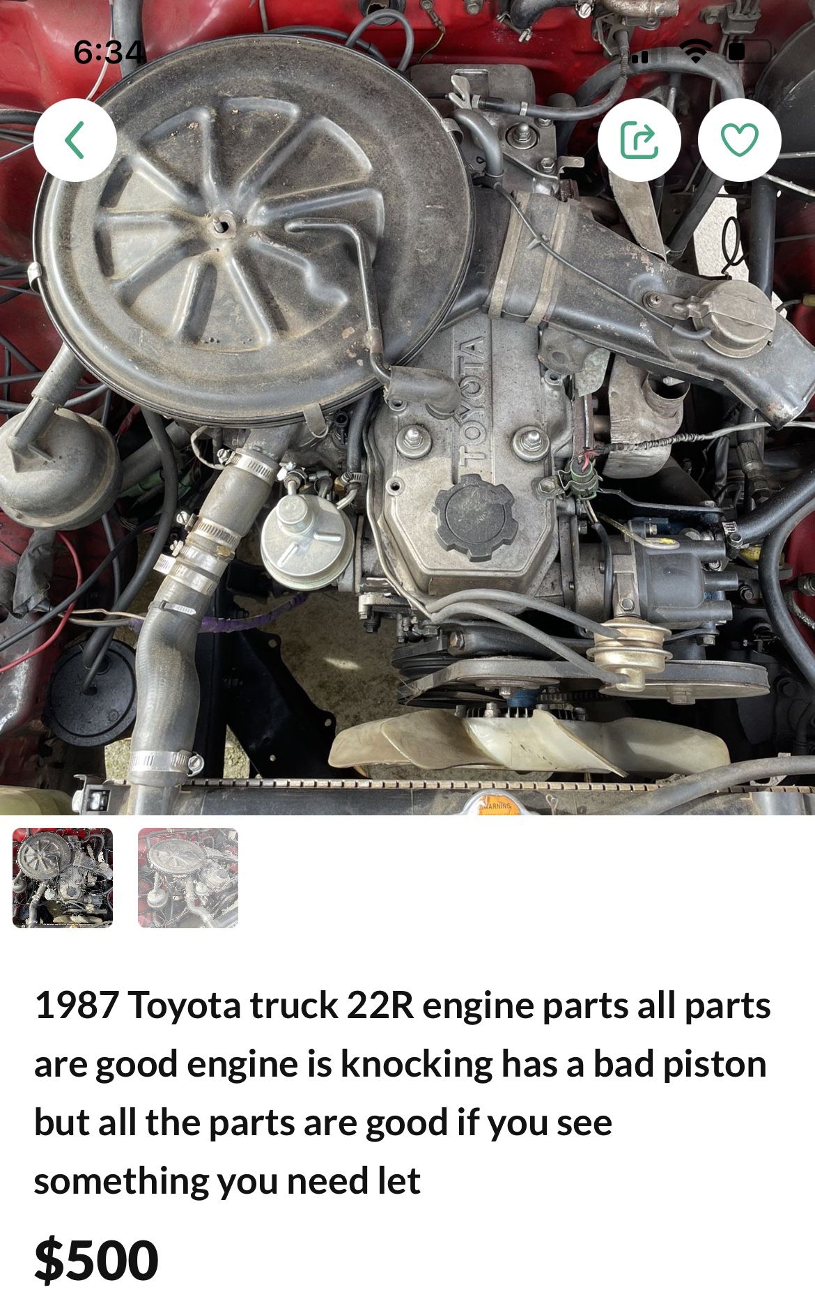 1987 Toyota truck 22R engine parts all parts are good engine is knocking has a bad piston but all the parts are good if you see something you need let