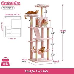 😀 70.1-Inch Pink Large Cat Tree, Multi-Level Tall Cat Tower for Indoor Cats, Plush Cat Condo with Big Padded Perches, Sisal-Covered Scratching Posts,