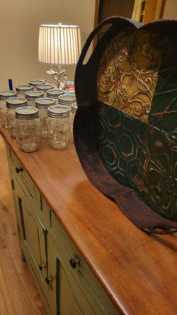 Decorative Metal Serving Tray with 12 Ball Mason jars.