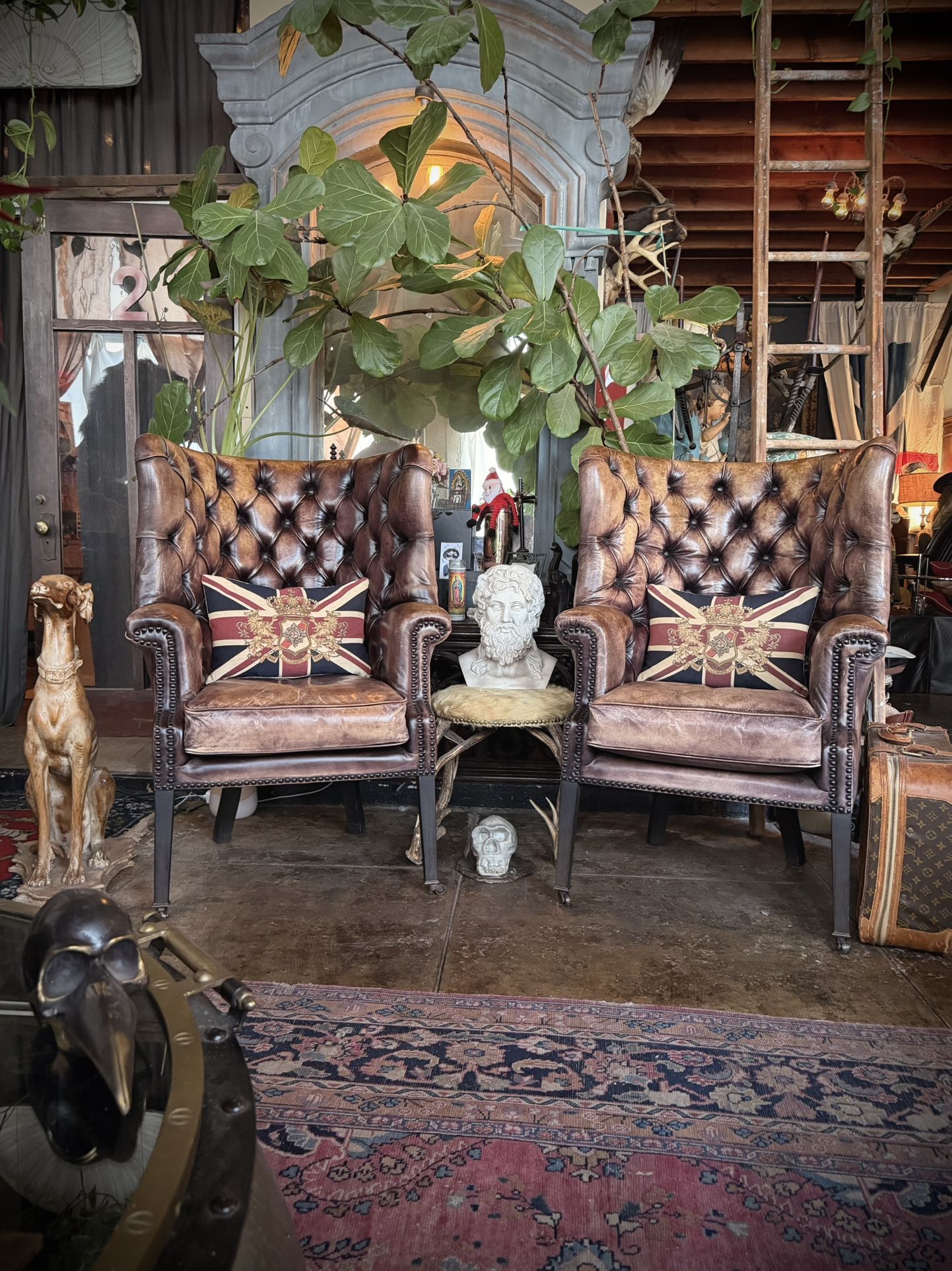 Stunning Restoration Hardware Leather Chesterfield Wingback tufted lounge chairs set!👀🙀😍