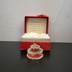 A Birthday Wish Handblown Glass Cake Figurine Gold Detail In Satin Keepsake Box