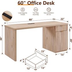 Modern Executive Desk With Power Outlet, Wood Home Office Desk With Drawer & Storage Cabinet
