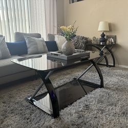 Black Glass/Metal Modern Coffee Table and 2 End Tables