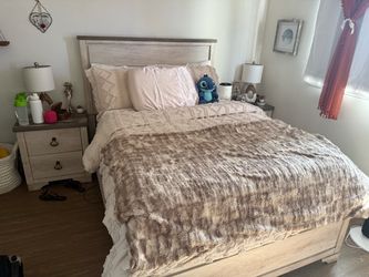 Full size bed frame, box spring, mattress, and 2 night stands